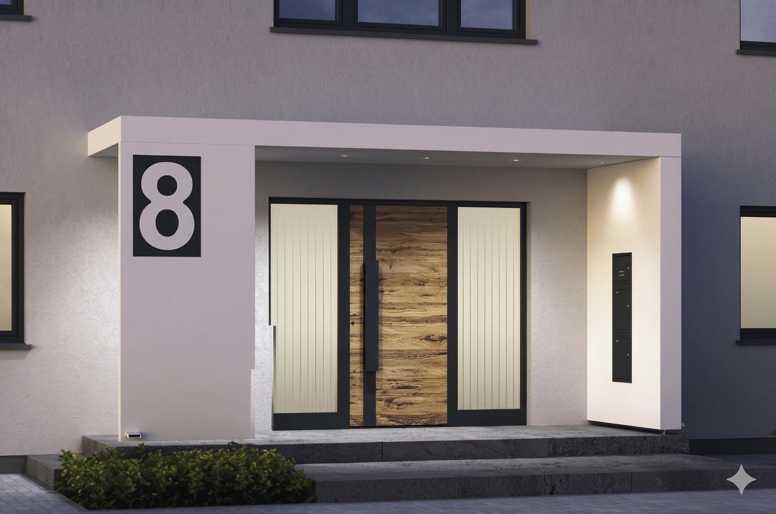 Luxus Eingangsüberdachung Kompotherm KV mit Seitenteil LED und Briefkasten