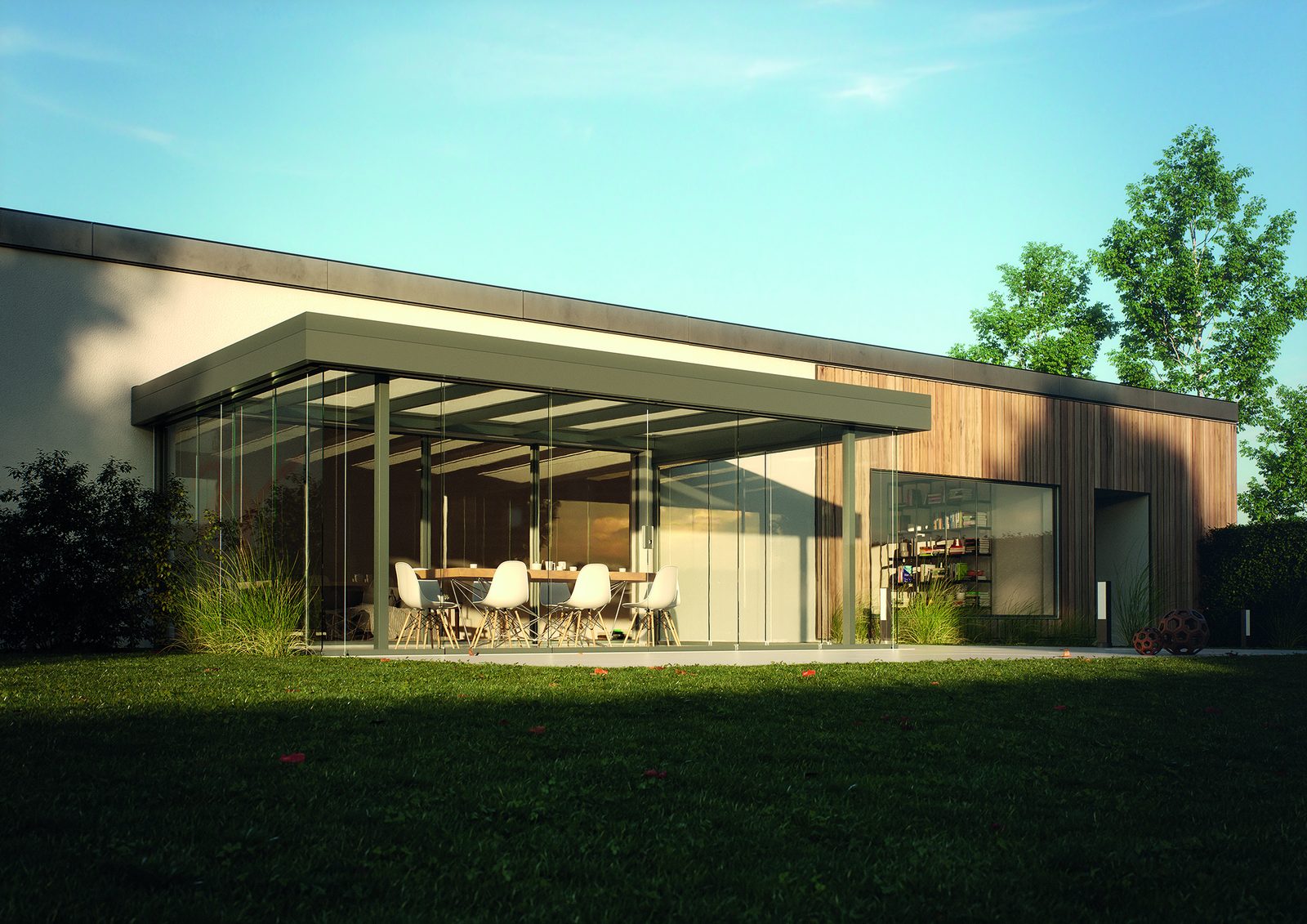 wipro Diafano-Lounge Terrassendach mit ZIP-Traufe für integrierte Senkrechtmarkise