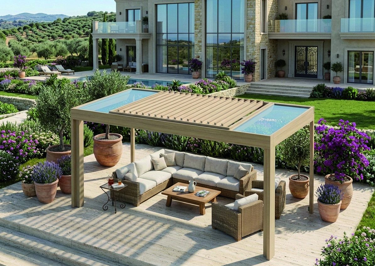 wipro LUCENTE Glas-Lamellendach mit geöffnetem Lamellenfeld über einer Lounge