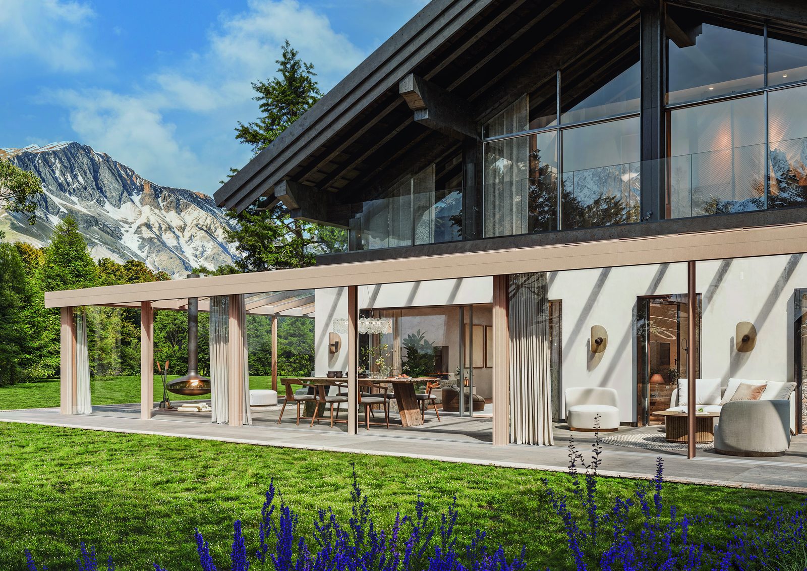 wipro Terrassenüberdachung mit Outdoor-Vorhängen vor einem modernen Haus – Neuheiten 2026
