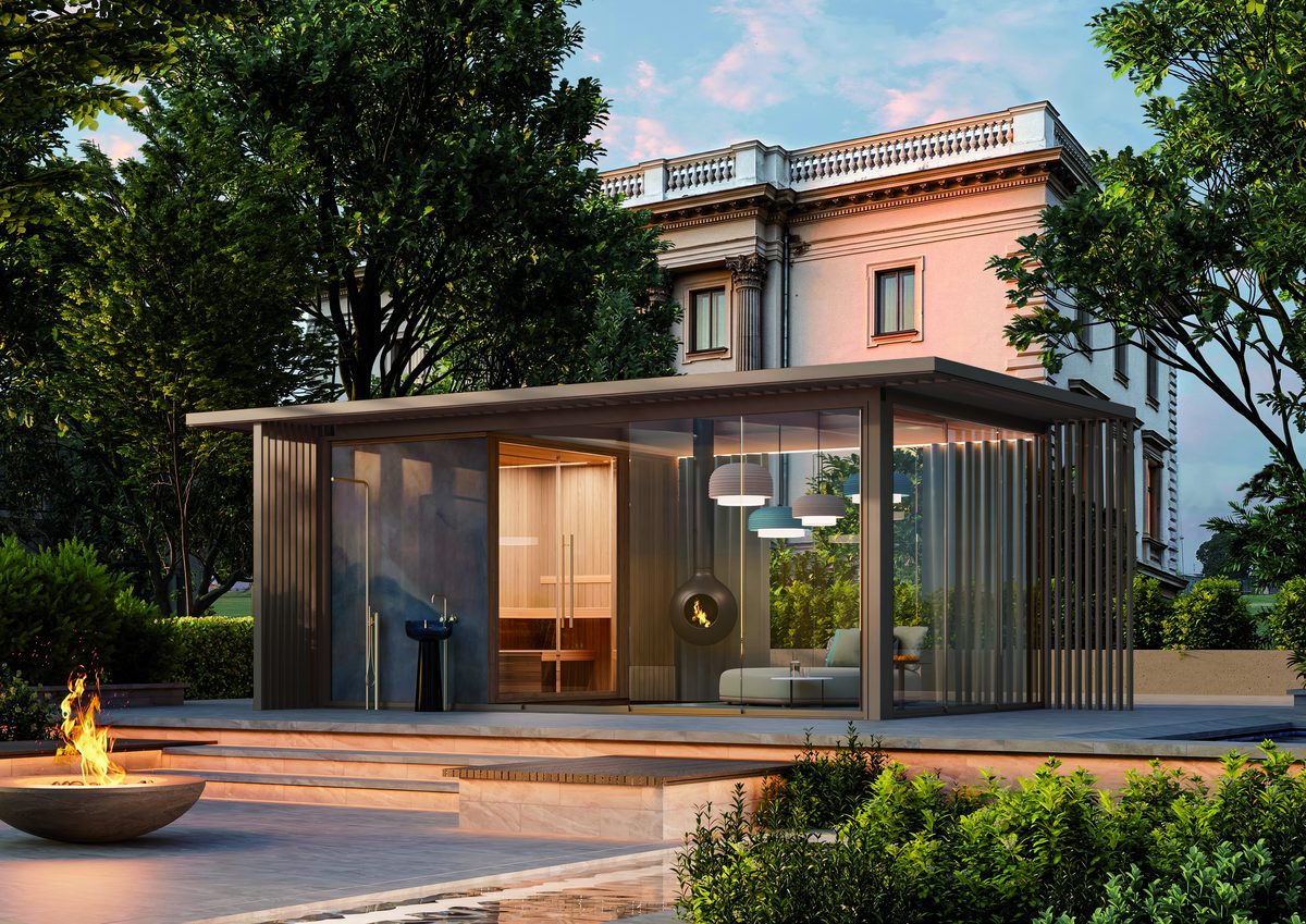 wipro Pavillon LeFee – filigraner Glas-Pavillon mit Lamellenvordach am Abend